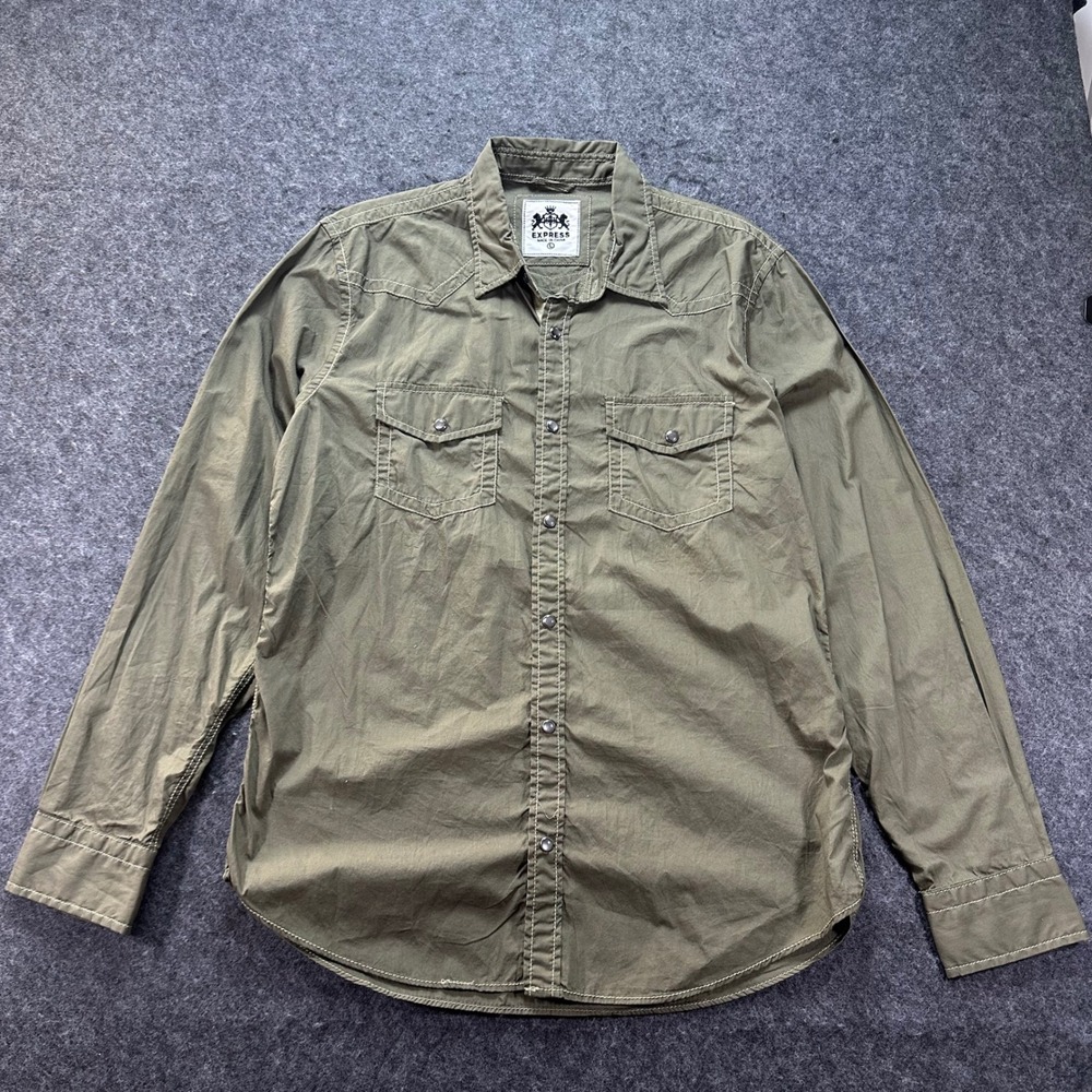 Express Mens Olive Green Western Pearl Snap Button Down Shirt Large